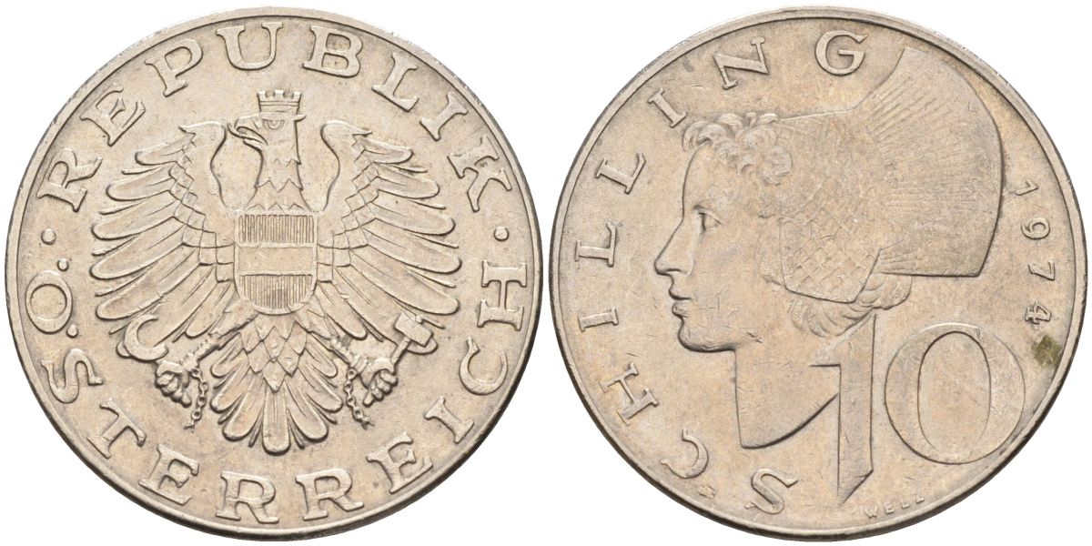 Австрия 10 шиллингов 1974 KM 2918 никель плакированный медно-никелем 4593-531