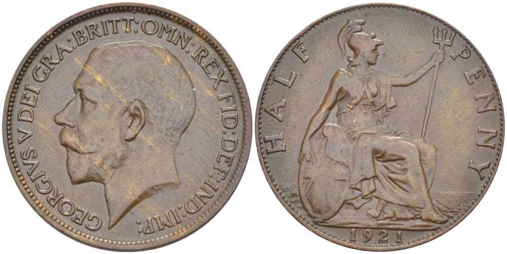 Великобритания 1/2 пенни 1921 Георг V (1910-1936) KM 809, Spink 4056 бронза 117-953