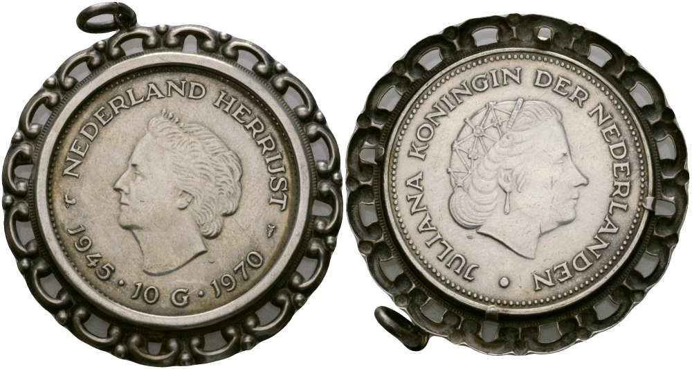 Нидерланды 10 гульденов 1970 25 лет освобождения от фашизма (1945-1970), Юлиана, кулон в оправе KM 195 серебро 00-00