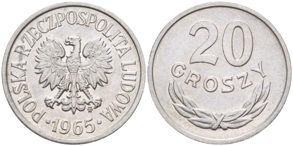 ПОЛЬША 20 ГРОШЕЙ 1965 MW KM А47, Parchimowicz 208e алюминий UNC 216-932