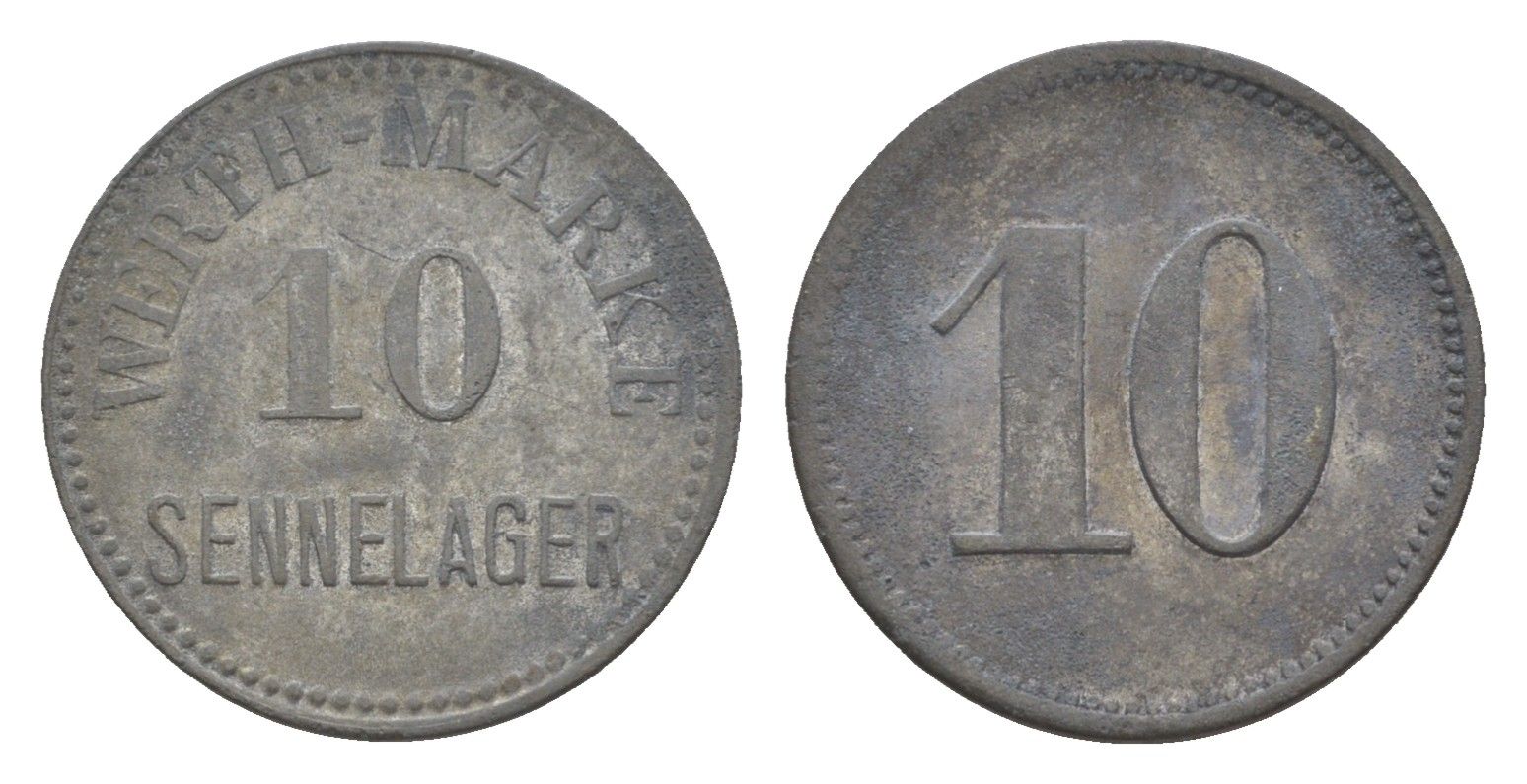 Зеннелагер, учебный полигон 10 пфеннигов ND Men05 23405.3, Men18 29270.4 цинк 1526-915