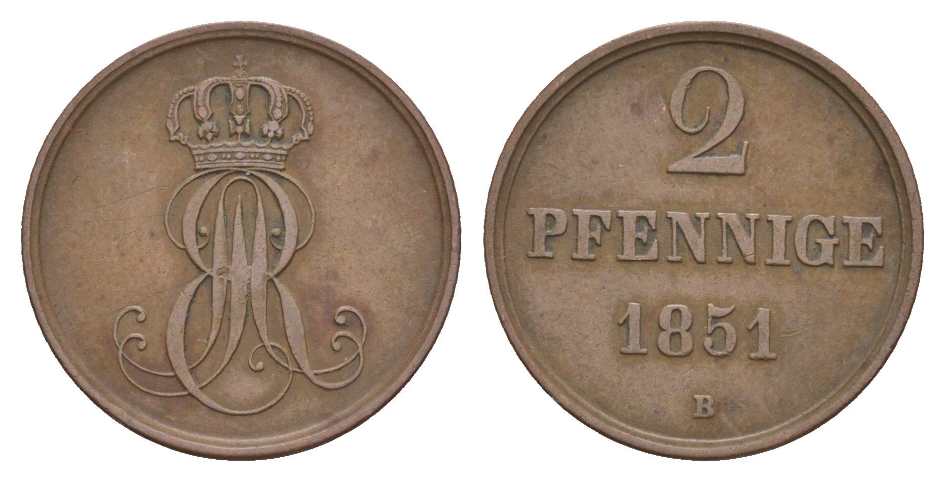 Ганновер 2 пфеннига 1851 B, Эрнст Август I (1837-1851) KM 202.1, AKS 124, J. 75 медь 4657-724