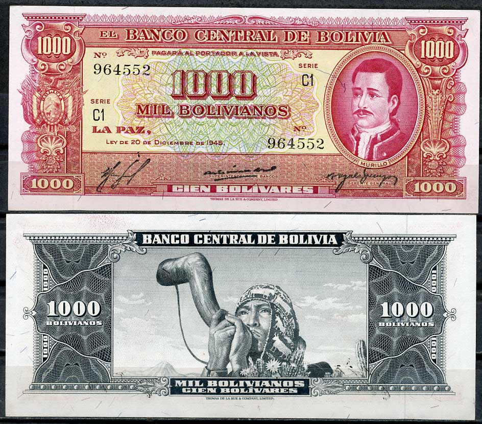 Боливия 1000 боливиано 1945 серия C1, Педро Доминго Мурильо, мужчина с туземным рогом Pick 149 (4)  бумага  UNC (пресс) 451-111-2