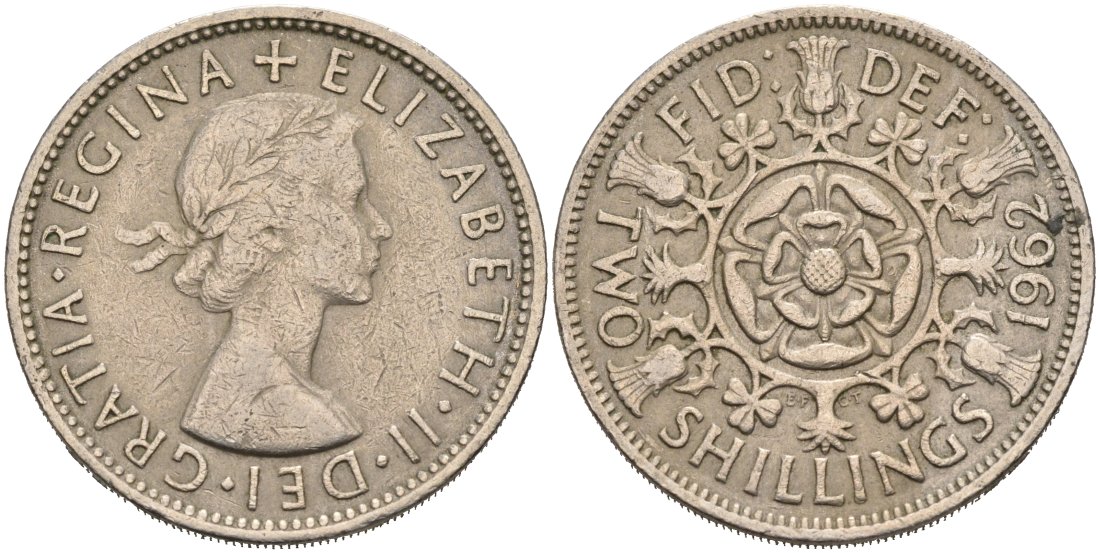 Великобритания 2 шиллинга (флорин) 1962 Елизавета II (1952-2022) KM 906, Spink 4146 медно-никель 4572-1016