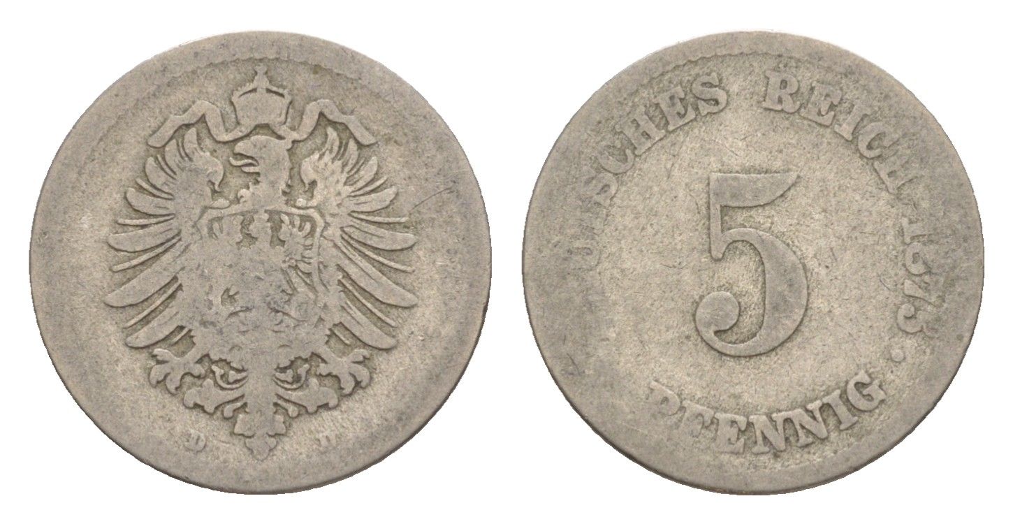 Германия 5 пфеннигов 1875 D, Вильгельм I (1871-1888) KM 3, J. 3, Weege 5 медно-никель 4639-1245