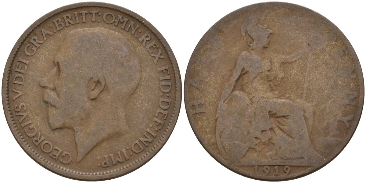 Великобритания 1/2 пенни 1919 Георг V (1910-1936) KM 809, Spink 4056 бронза 4146-137