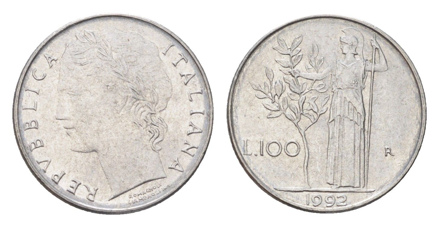 Италия 100 лир 1992 R, Афина в доспехах KM 96.2 нержавеющая сталь 4705-164