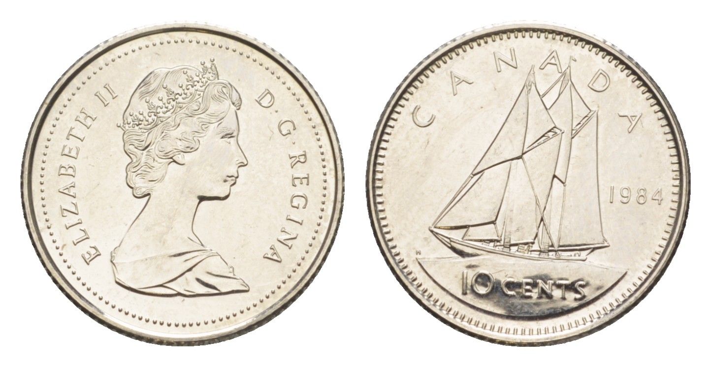 Канада 10 центов 1984 Елизавета II (1952-2022), парусник KM 77 никель UNC 4639-646
