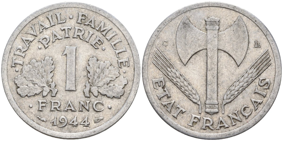 Франция 1 франк 1944 C, тип Lourde, правительство Виши KM 902.1 алюминий 4142-945