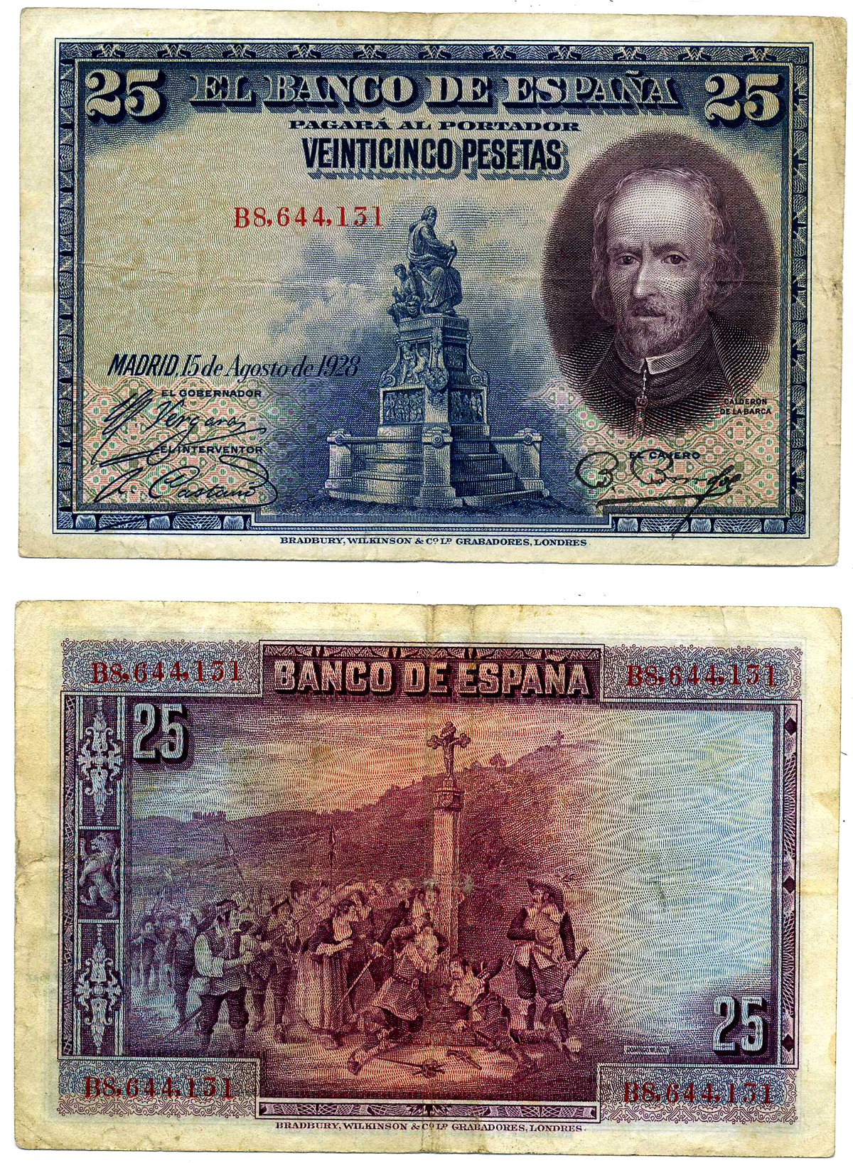 Испания 25 песет 1928 15 августа 1928, серия В, ПЕДРО КАЛЬДЕРОН ДЕ ЛЯ БАРКА Pick 74b бумага VF 8603-24-2-1