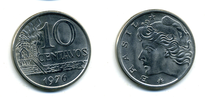 Бразилия 10 сентаво 1976 KM 578.1a, Schon 83b нержавеющая сталь 35-356