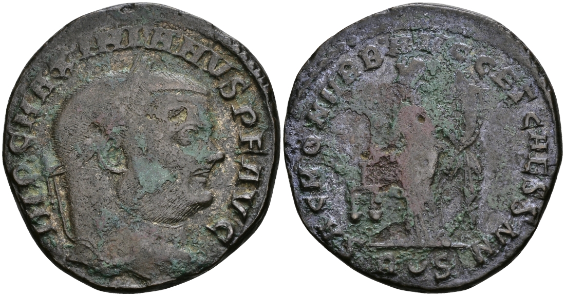 Римская Империя нуммий 303 - 305 Максимиан Геркулий SAC MON VRB AVGG ET CAESS NN Монета, держащая весы Рим Very fine (степень редкости С2) RIC 111b бронза 270-915