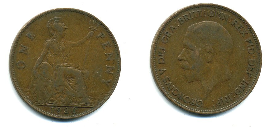 Великобритания 1 пенни 1930 Георг V (1910-1936) КМ 838, Spink 4055 бронза 41-1113