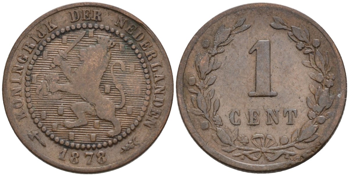 Нидерланды 1 цент 1878 Виллем III (1849-1890) KM 107 бронза 4576-535