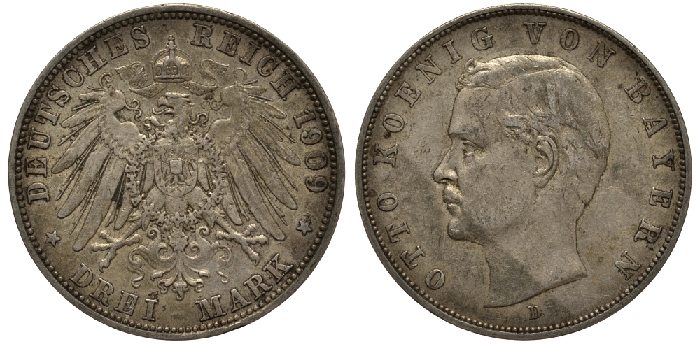 Бавария 3 марки 1909 Отто (1886-1913) Weege 45, J. 47, KM 515 серебро 3711-1911