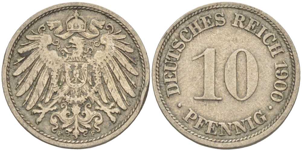 ГЕРМАНИЯ 10 ПФЕННИГОВ 1900 F KM 12, J. 13 медно-никель 4401-1222