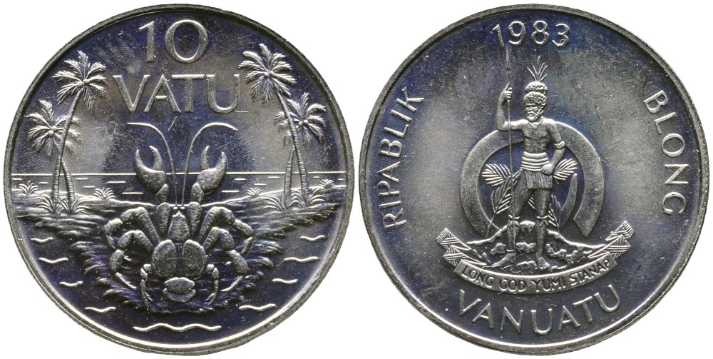 Вануату 10 вату 1983 серия FAO, краб и пальмы KM 6 медно-никель UNC 4179-647