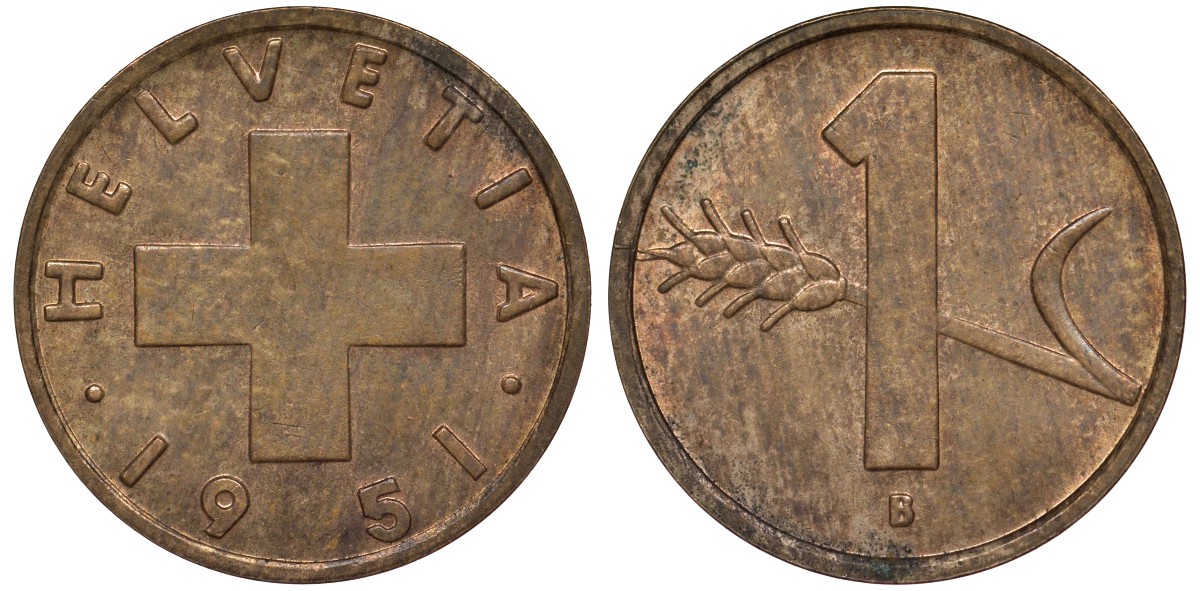 Швейцария 1 раппен 1951 в KM 46 бронза 4124-527