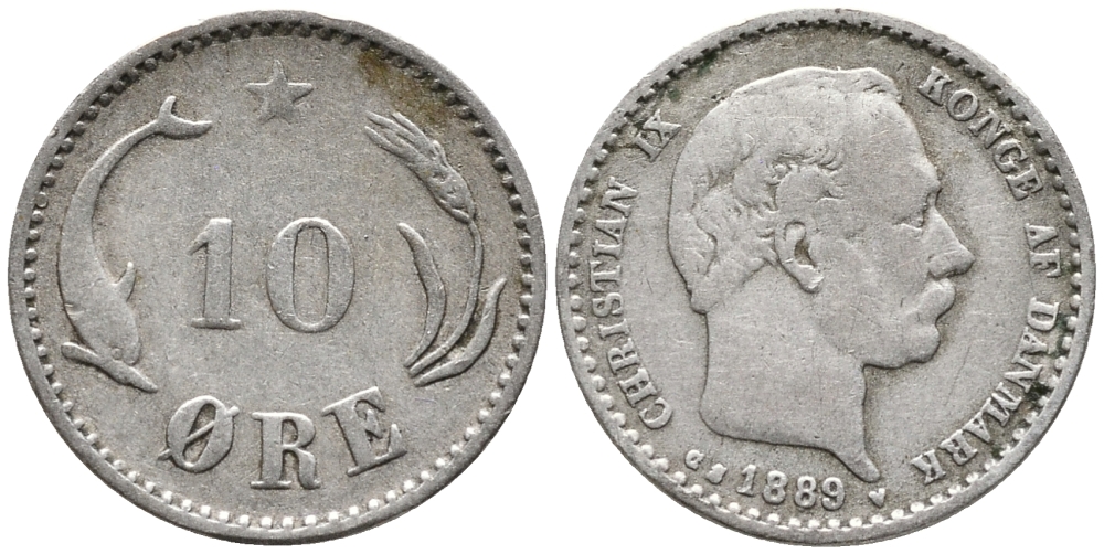 ДАНИЯ 10 ЭРЕ 1889 C; S, КРИСТИАН IX (1863-1906) KM 795.1 серебро 4380-1114