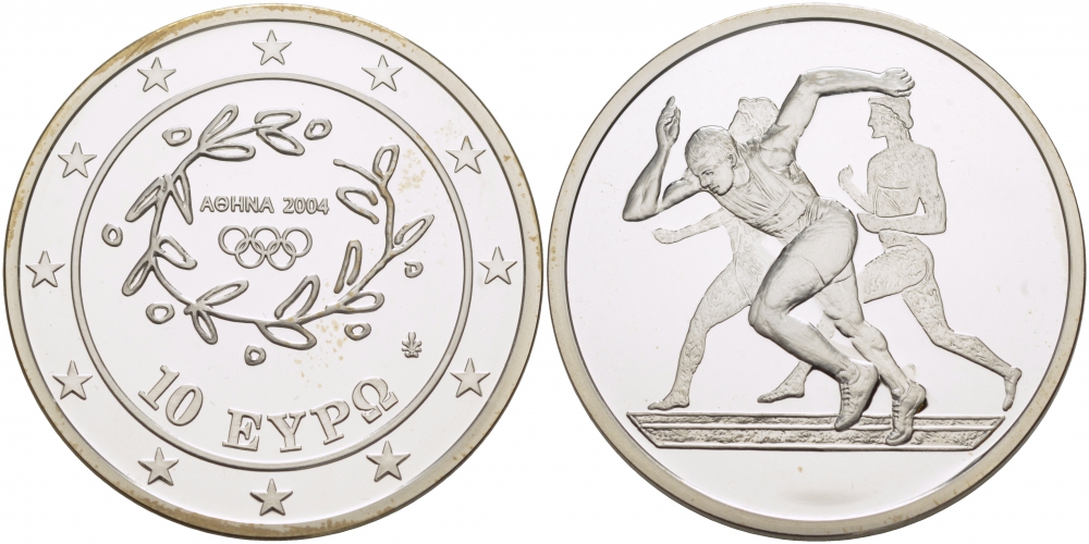 Греция 10 евро 2003 XXVIII летние Олимпийские игры 2004 года в Афинах, легкая атлетика, бег KM 190 серебро PROOF 06-273-11
