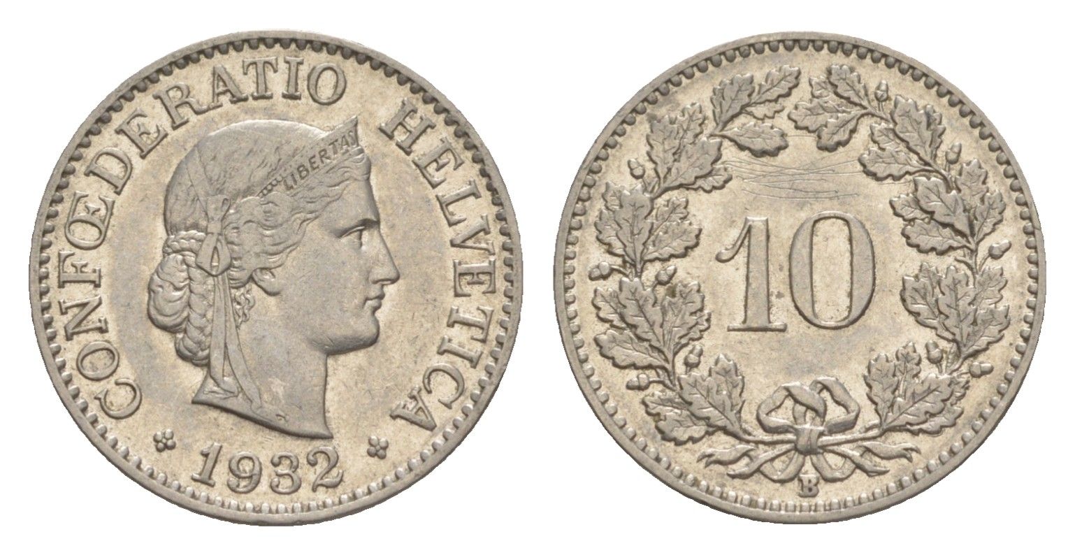 Швейцария 10 раппенов 1932 B KM 27b никель 4627-1143