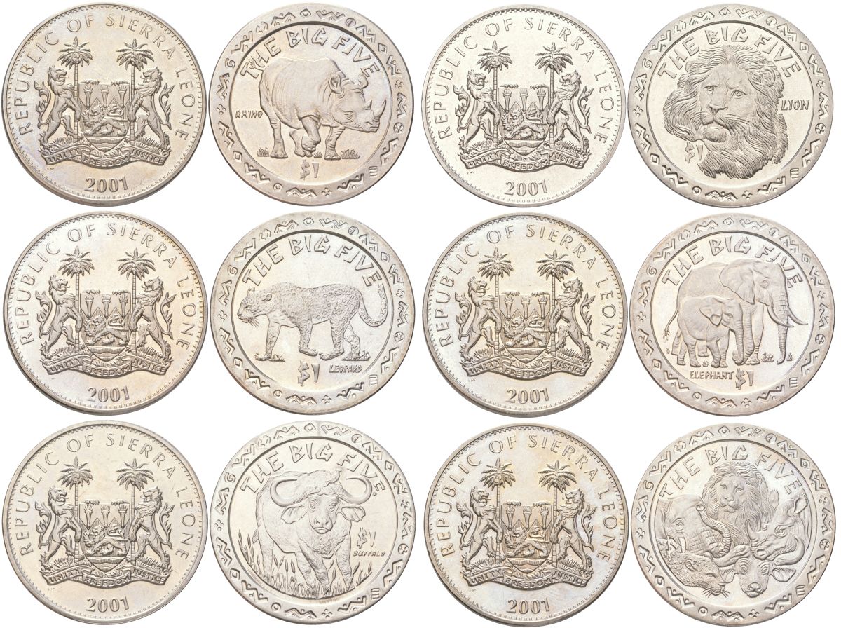 Сьерра-Леоне полный набор из 6 монет (1 доллар) 2001 Большая африканская пятерка - Носорог, Лев, Леопард, Слон и Африканский буйвол KM 222, 225, 228, 231, 234 и 237 медно-никель BU M21-21