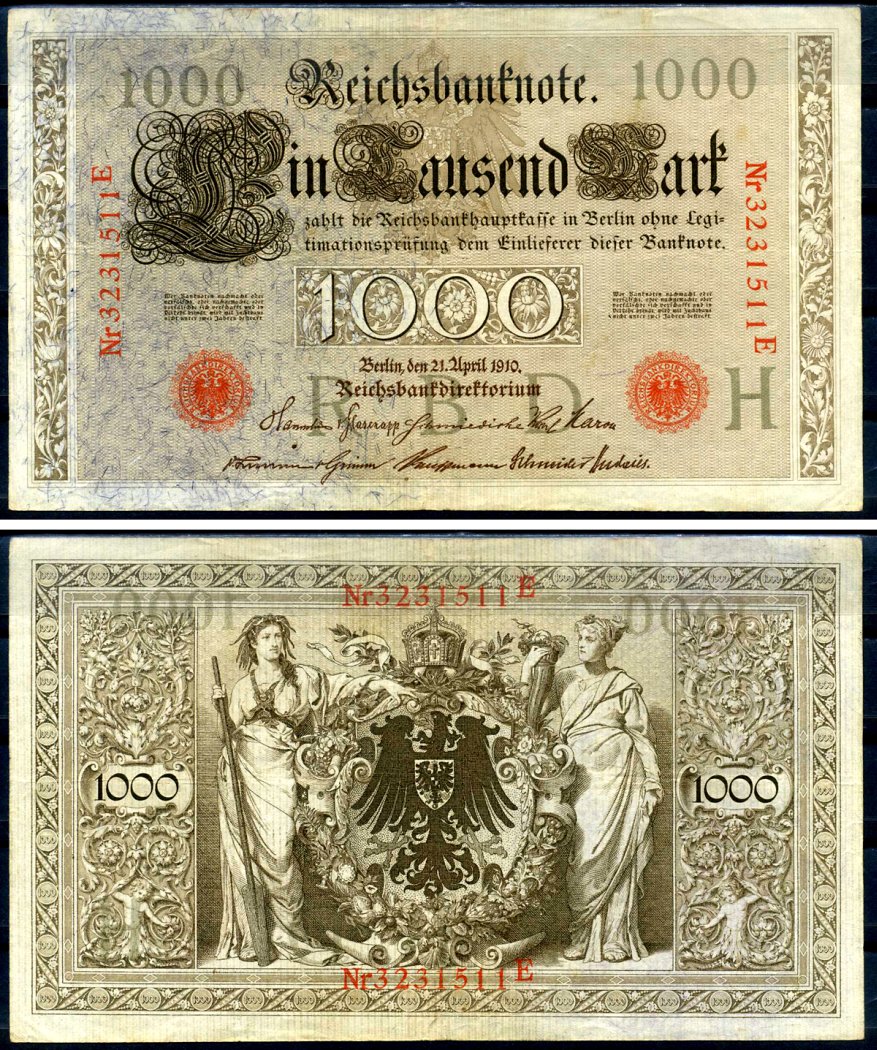 Германия 1000 марок 1910 21 апреля 1910, красная печать, номер семизначный, серия E, буква H, выпуск АПРЕЛЬ - ИЮЛЬ 1918 Pick 44 b бумага 2194-40-1-1