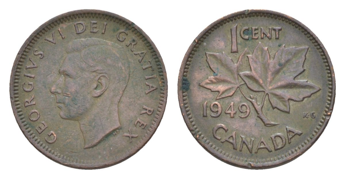Канада 1 цент 1949 Георг VI (1936-1952), кленовый лист KM 41 бронза 4630-524