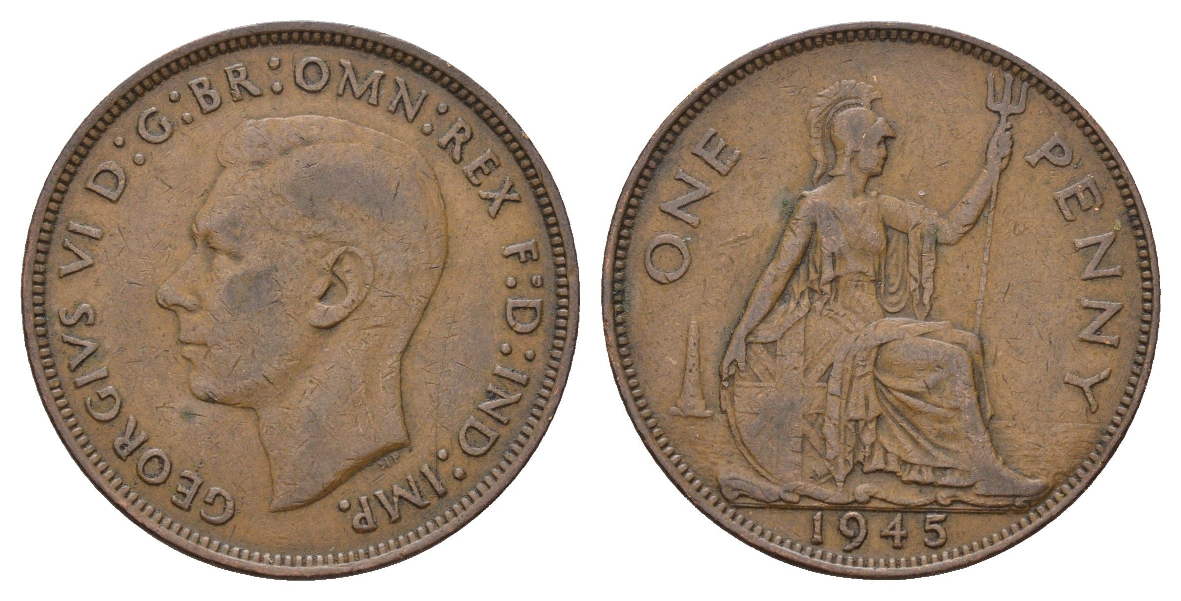 Великобритания 1 пенни 1945 Георг VI (1936-1952) КМ 845, Spink 4114 бронза 4111-744