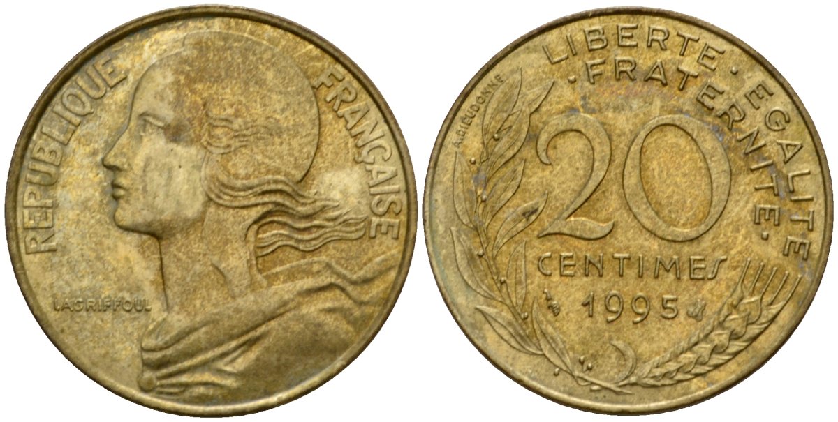 Франция 20 сантимов 1995 тип Marianne KM 930, Le Franc 156.39 медь алюминий никель  4393-1145