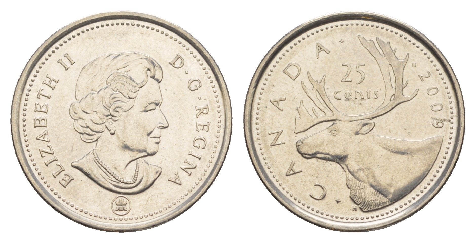 Канада 25 центов 2009 Leaf, Елизавета II (1952-2022), олень KM 493 сталь плакированная никелем UNC 4637-844