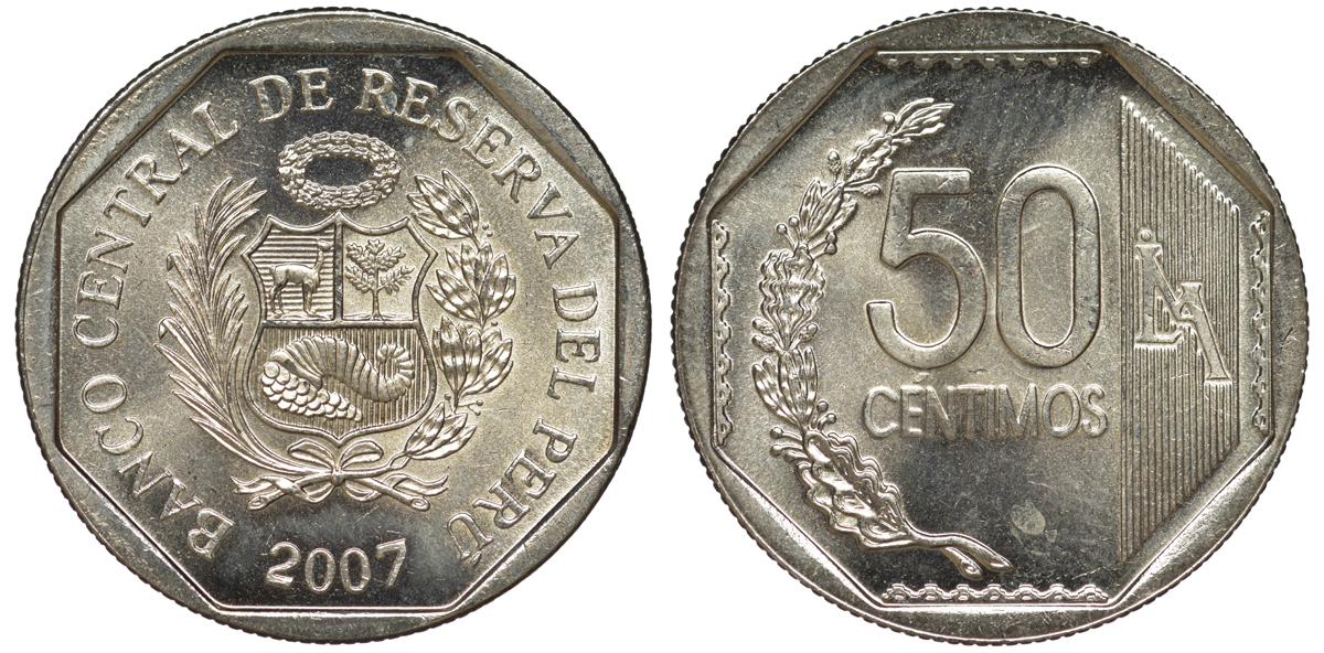 Перу 50 сентимо 2007 KM 307.4 медно-никель aUNC 4605-312