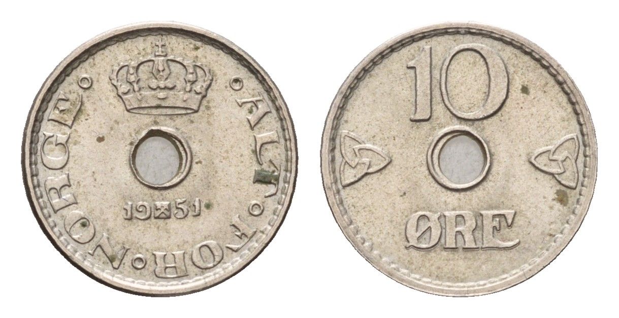 Норвегия 10 эре 1951 Хокон VII (1905-1957) KM 383 медно-никель 4124-318