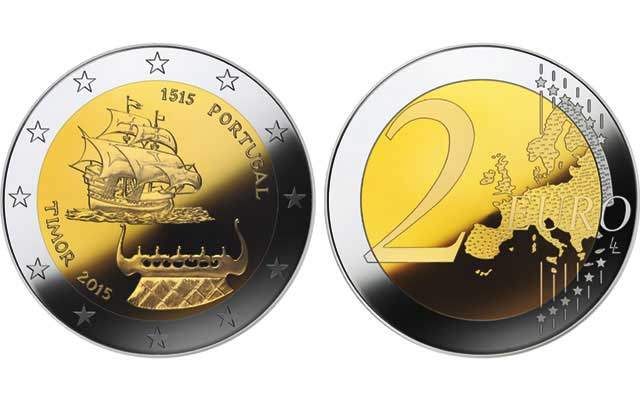 Португалия 2 евро 2015 500 лет первому контакту с Тимором, парусник KM 849 биметалл UNC M46-07