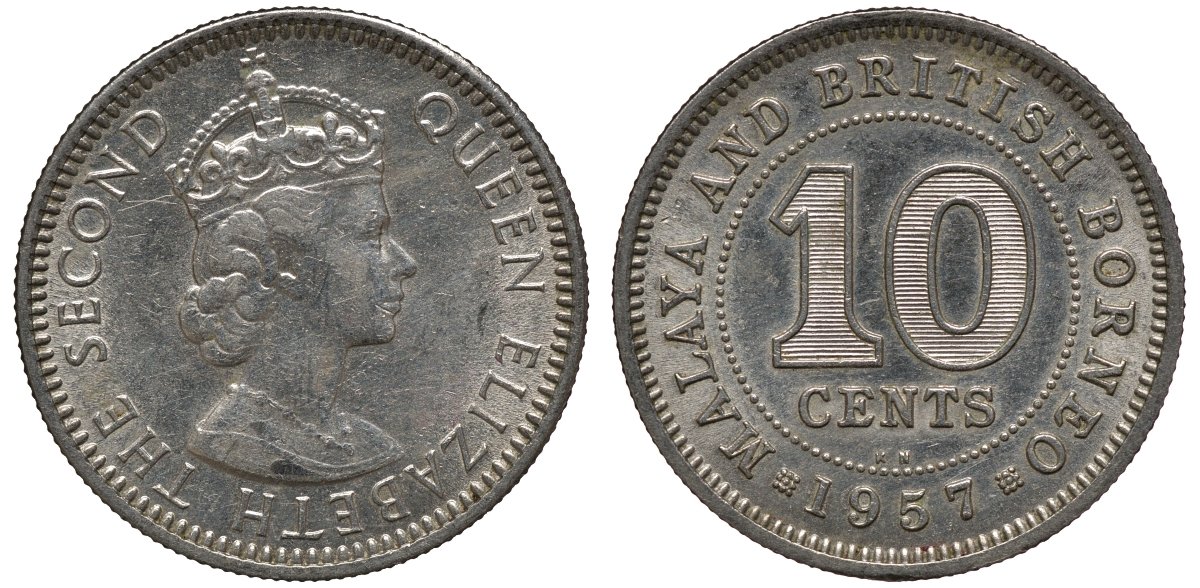 Малайя и Британское Борнео 10 центов 1957 KN, Елизавета II (1952-2022) KM 2 медно-никель 192-869