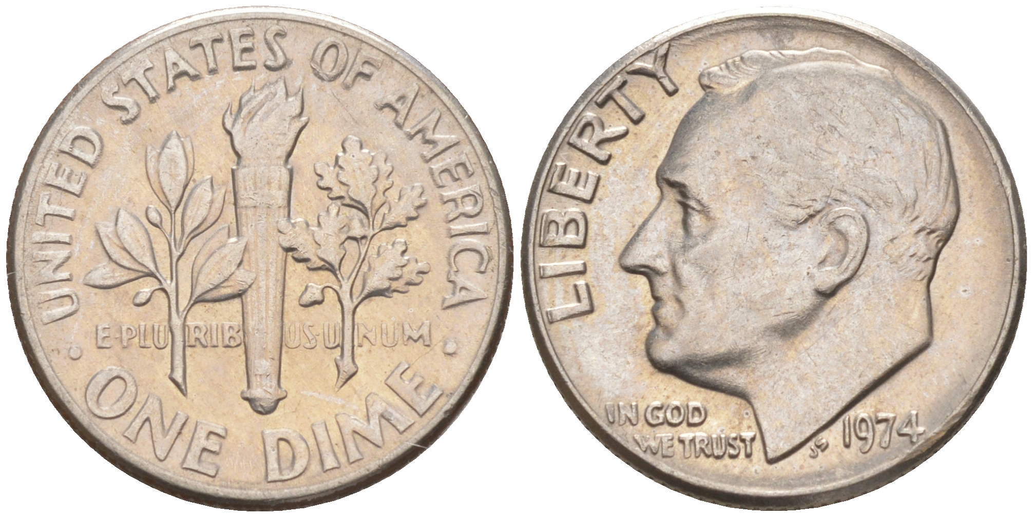 США 10 центов (дайм) 1974 Франклин Рузвельт KM 195a медь плакированная медно-никелем 187-1052
