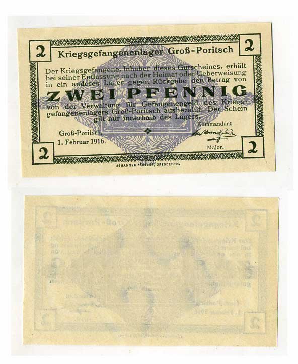 Германия 2 пфеннига ND GROSS-PORITSCH, лагерь военнопленных C-3044 бумага UNC (пресс) 504-30-1-1