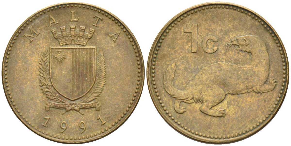 Мальта 1 цент 1991 ласка, горностай KM 93 никель латунь 4585-1166