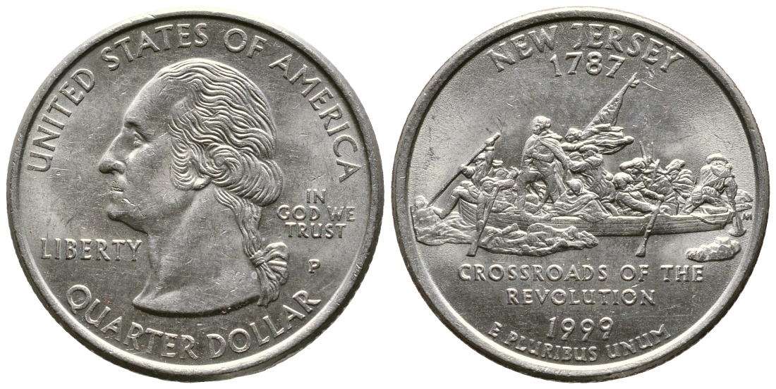 США 25 центов = квотер 1999 Р, серия штаты США, Нью-Джерси KM 295 медь плакированная медно-никелем 4610-547