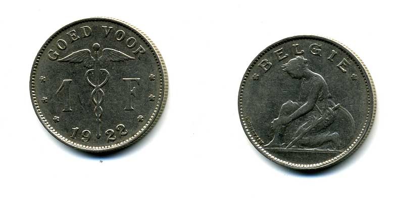 БЕЛЬГИЯ 1 ФРАНК 1922 BELGIE KM 90 никель 58-1232