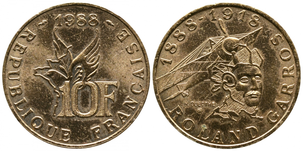 Франция 10 франков 1988 100 лет со дня рождения Ролан Гарроса (1888-1918) KM 965 алюминиевая бронза 413-2715