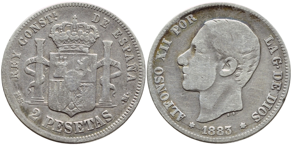ИСПАНИЯ 2 ПЕСЕТЫ 1883 MS-M, АЛЬФОНСО XII KM 678 серебро 443-634