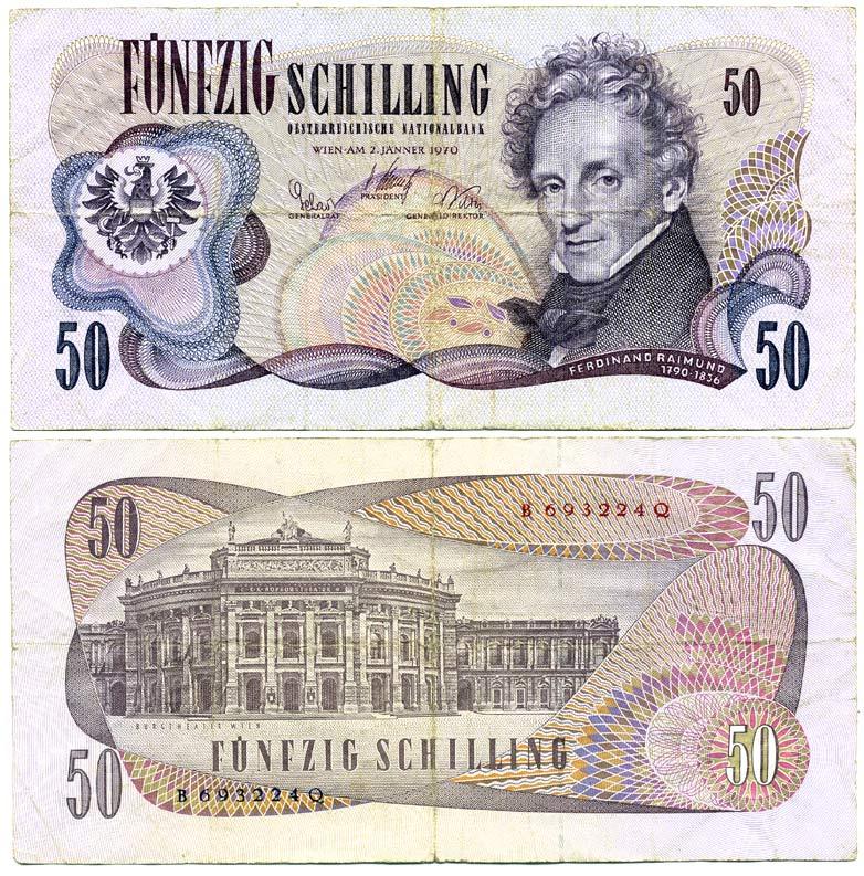 АВСТРИЯ 50 ШИЛЛИНГОВ 1972 2 ЯНВАРЯ 1970, ФЕРДИНАНД РАЙМУНД Pick 143а бумага 7207-15-3