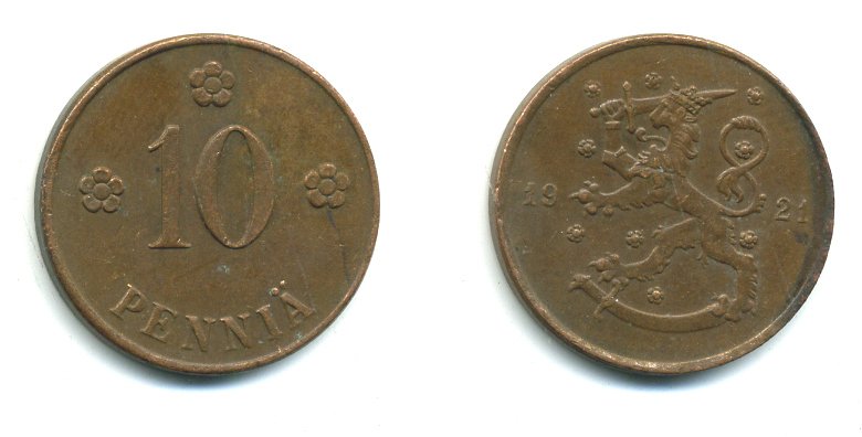 Финляндия 10 пенни 1921 республика (1918-1962) KM 24 медь 29-1117