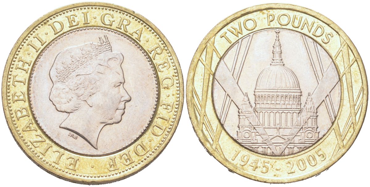 Великобритания 2 фунта 2005 60 лет окончанию Второй мировой войны, Елизавета II (1952-2022) KM 1056 биметалл aUNC 4128-832
