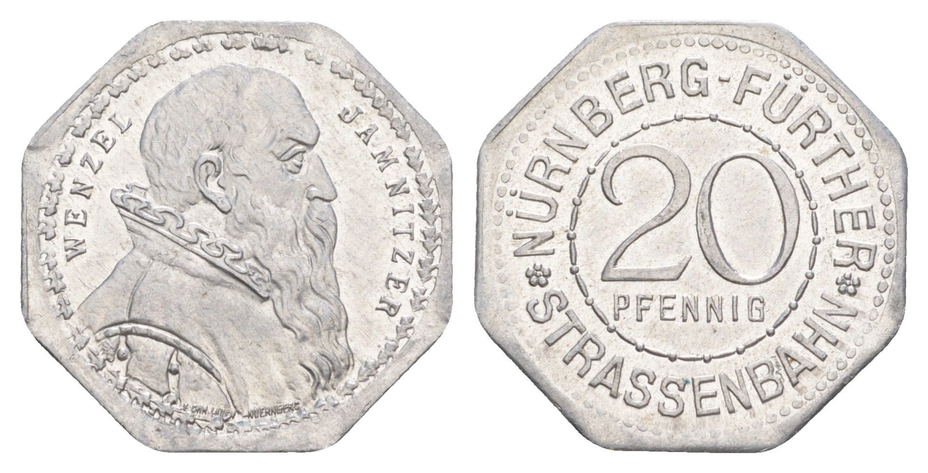 Нюрнберг трамвайный (транспортный) жетон в 20 пфеннигов ND (1920-1921) Венцель Ямницер Men05 19256.45, Men18 24102.45, Eklund 1247 алюминий UNC 3459-521