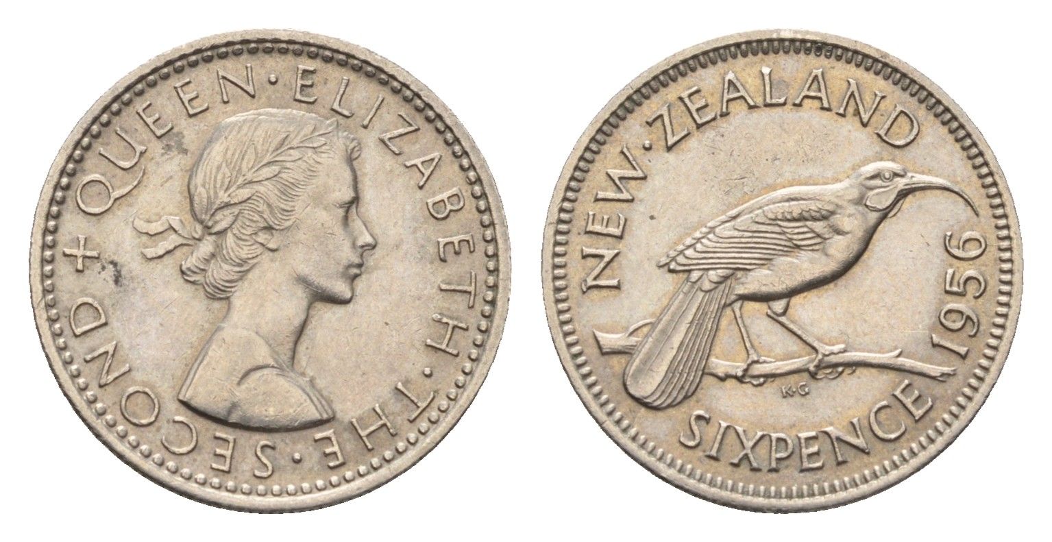 Новая Зеландия 6 пенсов 1956 Елизавета II (1952-2022), разноклювая гуйя KM 26.2 медно-никель 39-1238