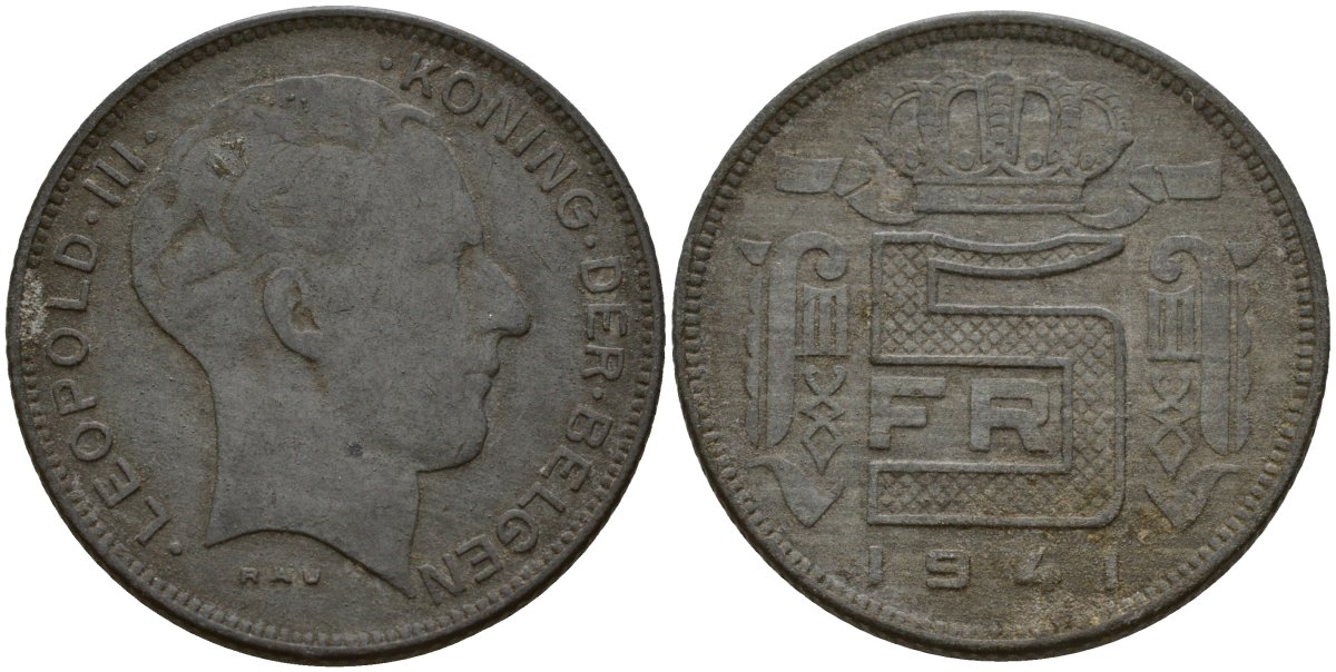 Бельгия 5 франков 1941 DES BELGEN, Леопольд III (1934-1947) KM 129 цинк 4161-913