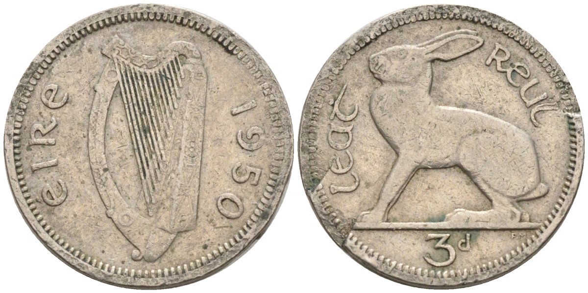 Ирландия 3 пенса 1942 заяц KM 12a медно-никель 4174-312