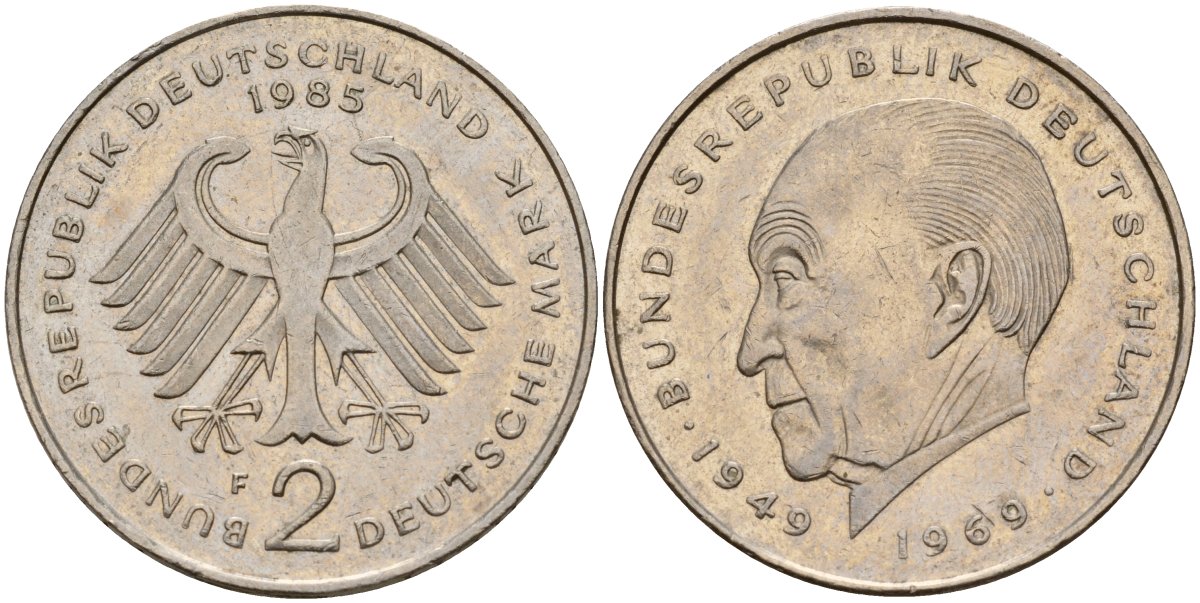 ФРГ 2 марки 1985 F, Конрад Аденауэр KM 124, J. 406 медно-никель 4159-1244